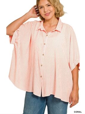 New Zenana Oversized Button Down Woven Top
